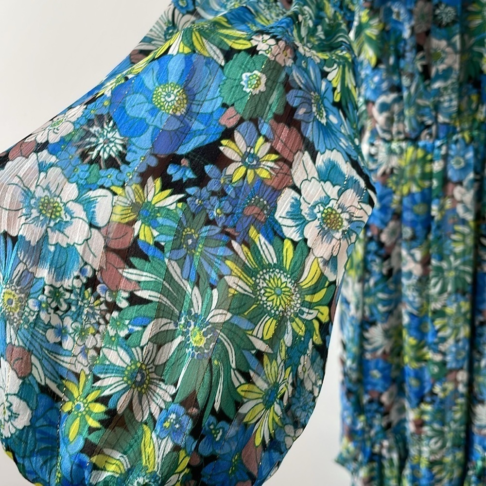 Elliatt Revolve Claude Ruffled Satin Maxi Dress Floral High Low hem Blue Small S - Picture 11 of 13